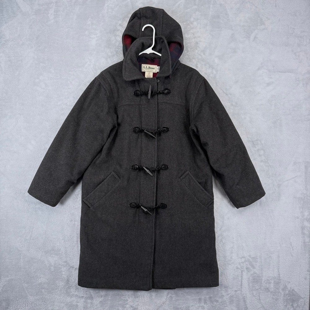 LL Bean Duffle Coat Women 8 Grey Wool Vintage Hooded Toggle Thinsulate Lined USA